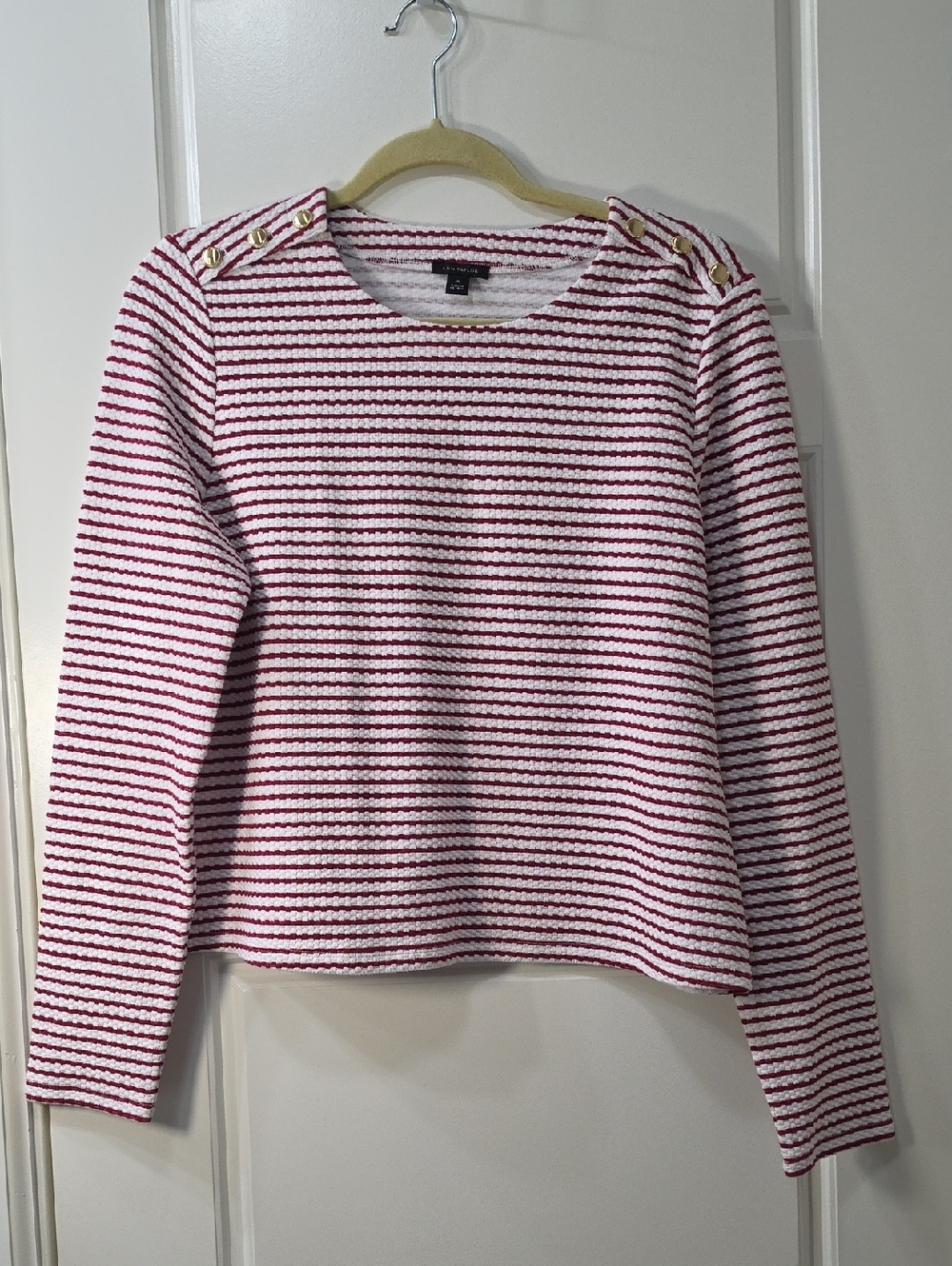 Ann Taylor White & Red Striped Crewneck Sweater with Gold Buttons - Medium